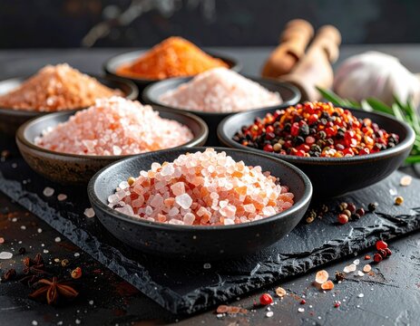 Assortment Of Spices And Salts In Bowls On Dark Slate Surface Displaying Culinary Ingredients