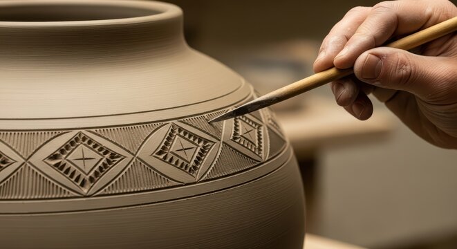 Close-up of hand-decorating clay vase with intricate geometric patterns - Powered by Adobe
