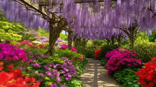 Pathway Underneath Blooming Wisteria and Colorful Flowers in a Serene Garden Setting