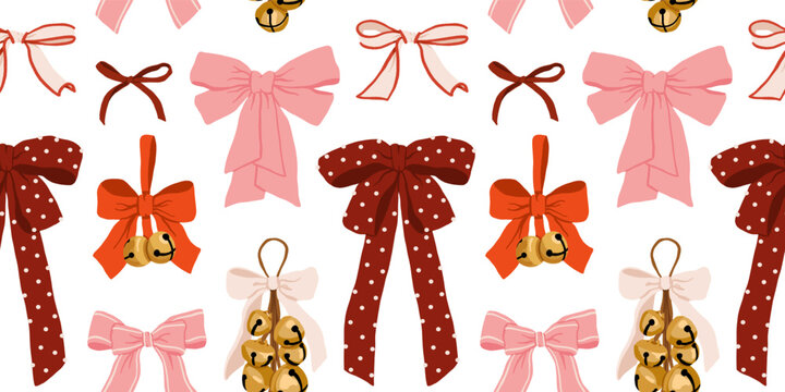 Vintage cozy Christmas seamless patterns with bows, ribbons, bells, dried oranges and festive holiday decorations, handmade retro flat vector illustration for wrapping paper and textile design