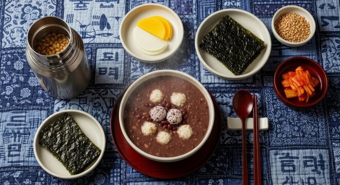 Traditional Korean red bean soup with rice balls and colorful side dishes served on blue patchwork tablecloth with wooden chopsticks and spoon