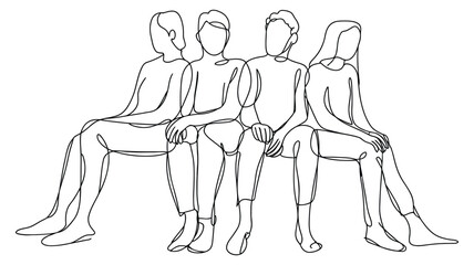 Minimalist line art of four people sitting together, expressing unity, connection, and human presence through abstract simplicity