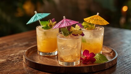 Tropical Drinks Arrangement, Featuring Parasols, Colorful Accents, and Wood Textures.
