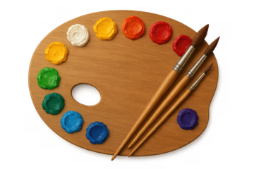 Wooden artist's palette with various colorful paint dabs and three paintbrushes, representing creativity, art, and hobby