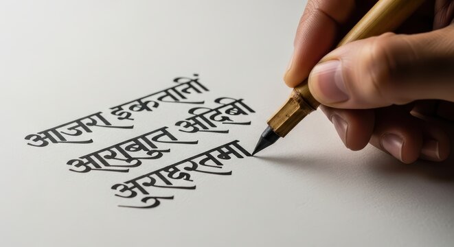 Close-up of handwriting in hindi script with fountain pen on paper