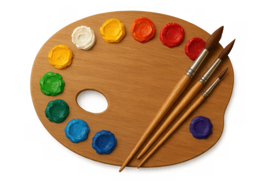 Wooden artist's palette with various colorful paint dabs and three paintbrushes, representing creativity, art, and hobby