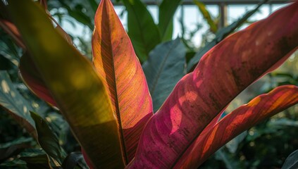 Tropical Foliage Study. Sunlit Textures and Variegated Hues of Abstract Plant Forms.