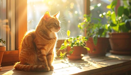 Ginger cat basking in sunlight on a windowsill with plants.
