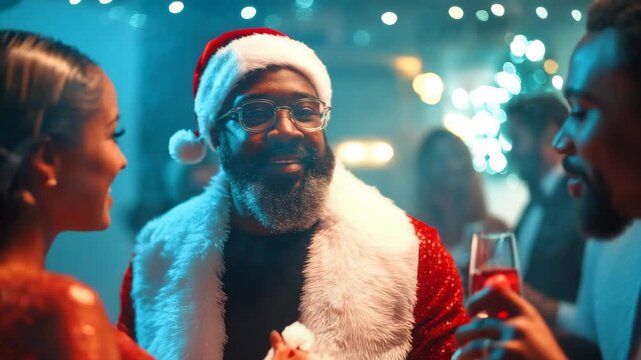 Smiling santa claus looking to each others