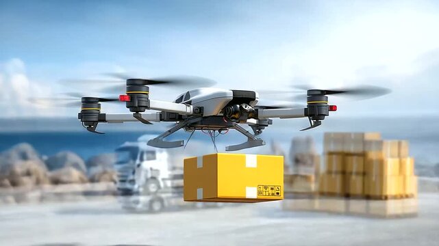 Drone delivery logistics skies buzz packages, ground receive, fast future, photorealistic captured by a aerial supply artist.