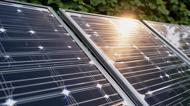 Close-up of solar panels collecting sunlight. Renewable energy technology shines in morning light. Solar power promotes eco-friendly living and sustainability.