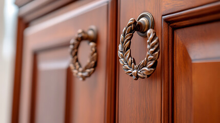Elegant cabinet doors in rich wood finish, featuring intricate wreath-shaped handles, combining classic style with functional design in home decor, detail.