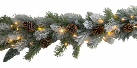 A festive frosted pine garland, featuring glowing warm lights and natural pinecones, isolated for elegant holiday decoration.