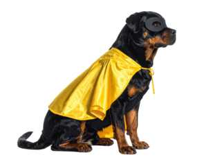 Calm Rottweiler Superhero Sitting Sideways with Yellow Cape Flowing, isolated on transparent background