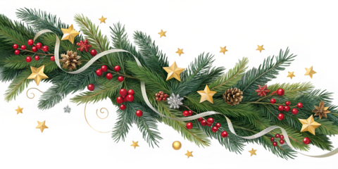 A vibrant Christmas garland of green fir branches, red berries, golden stars, silver ribbon, and pine cones is an isolated design element.