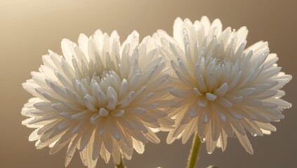 Two White Blooms Bathed in Warm Light, Petals Sparkling with Droplets, a Delicate Floral Pair.