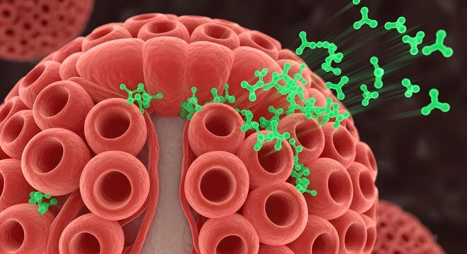 A detailed microscopic view of a biological cell with vibrant colors and intricate structures highlighting cellular components and molecules