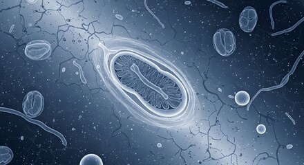 Detailed microscopic view of a single bacteria cell with flagella and surrounding microorganisms in a scientific environment