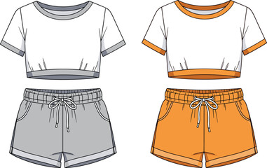 Girls crop top and shorts set, summer outfit collection, casual fashion, color variations, front view, youth apparel, vector illustration, clothing design
