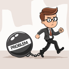 Cartoon Businessman Chained to a Problem Ball While Running – Stress and Struggle Concept