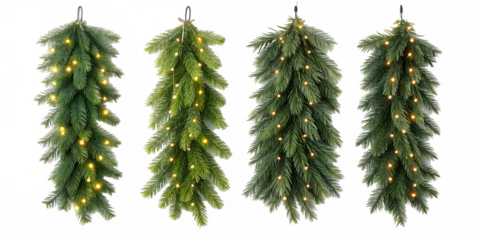 Four festive green evergreen garlands adorned with glowing yellow lights and frosted white snow hang vertically, creating a beautiful winter holiday display.