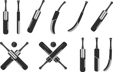 Cricket bat and ball icons, sports equipment silhouette set, black and white style, minimal design, flat vector illustration