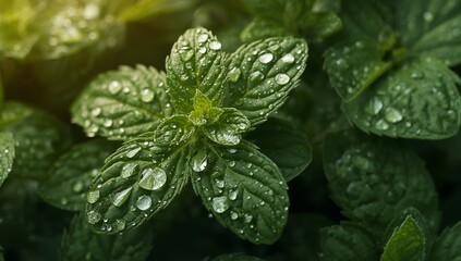 Verdant Droplets. A Study in Green Tones and Reflective Water Spheres, CloseUp.