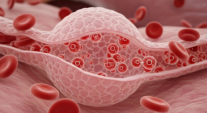 A detailed illustration of a blood vessel with red blood cells flowing through it, showcasing the microscopic view of the circulatory system in the human body - Powered by Adobe