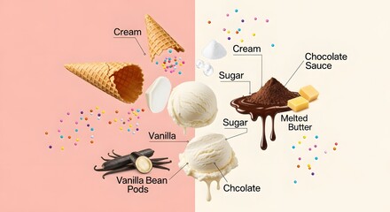 Deconstructed ice cream ingredients with cones and vanilla bean pods on pink background