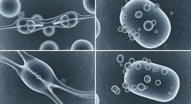 High-resolution microscopic images showcasing various types of cells and cellular structures in a scientific laboratory setting - Powered by Adobe