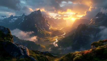 Stunning sunset paints the mountain peaks with golden light, creating a peaceful vista