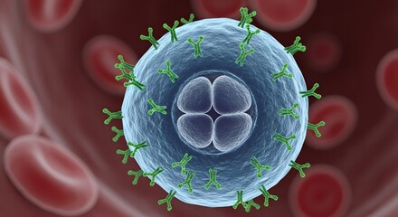 A detailed digital illustration of a virus particle with surface proteins surrounded by red blood cells in a biological environment