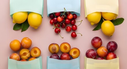 Overhead shot of lemons, cherries, plums, and apricots in colorful paper bags