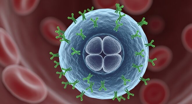 A detailed digital illustration of a virus particle with surface proteins surrounded by red blood cells in a biological environment