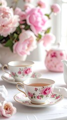 Elegant Tea Setting with Pink Roses and Porcelain Teacups on White Tablecloth