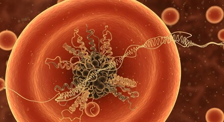 A highly detailed digital illustration of a microscopic virus particle with complex protein structures inside a cell, highlighting biological and scientific themes