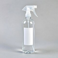 Clear spray bottle with a white label on a gray background for cleaning purposes