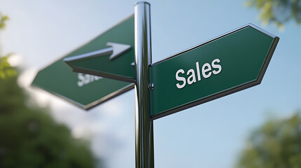Fototapeta premium Directional sign pointing the way to increased sales, growth and prosperity. The clear signage and bright backdrop evoke a sense of clarity and optimism. #SalesGrowth