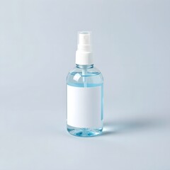 Blue spray bottle with a white label on a light blue background for sanitizing purposes