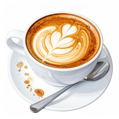Watercolor Latte Art Coffee Cup on Saucer with Spoon White Background