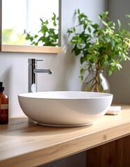 Modern Bathroom Interior Featuring White Vessel Sink Chrome Faucet and Wooden Countertop with Greenery Reflection in Mirror