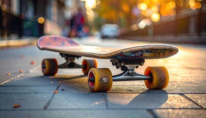Close Up View of a Skateboard on a Wet Pavement During Daytime with Soft Focus Background