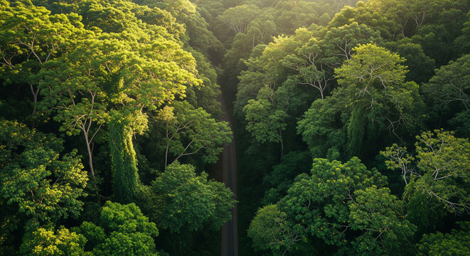 Drone aerial image of hidden narrow road under dense jungle canopy with sunlight - Powered by Adobe