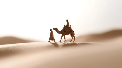 A lone rider and guide cross a vast, endless desert on camelback.  The hot sun beats down on the dunes as they push onward towards a distant horizon, on a journey of faith.