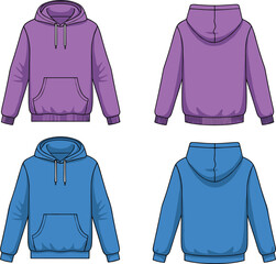 Hooded sweatshirt front and back view, kids hoodie collection, casual fashion, drawstring hood, kangaroo pocket, ribbed cuffs, vector illustration, youth apparel