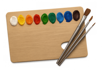 Wooden art palette holding colorful paint blobs and various paintbrushes, art supplies on transparent background