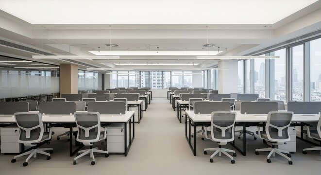 Modern open-plan office with rows of empty desks and large windows