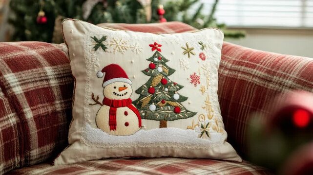 Festive pillow on a red plaid couch with a christmas tree and a snowman design, setting a cozy holiday scene.