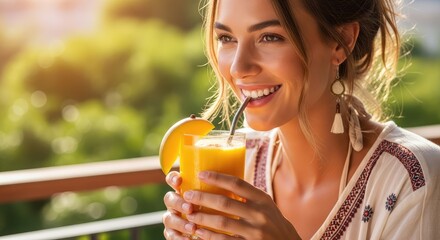 A person enjoying a glass of fresh mango smoothie outdoors