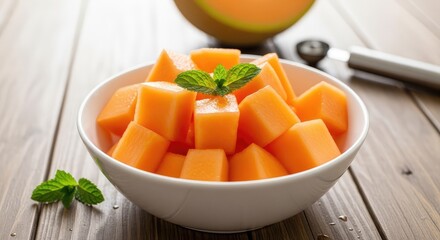 A bowl of fresh cantaloupe cubes served as a healthy snack.